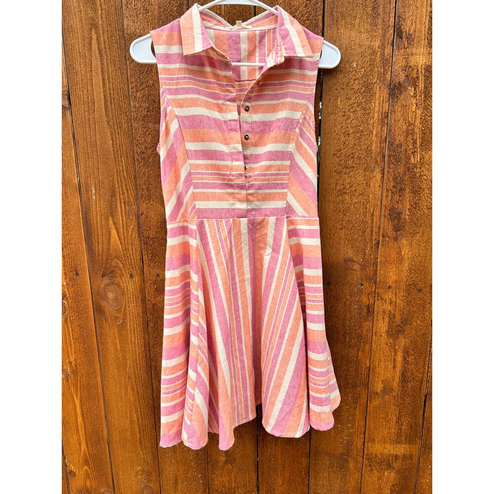 Entro Pink & Orange Striped Linen-Blend Sleeveless Shirt Dress - Size Small -EUC